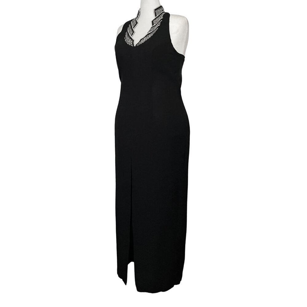 Vintage 90s Black Beaded Halter Prom Formal Dress. M/L 14. Art Deco Whimsigoth - Picture 3 of 10